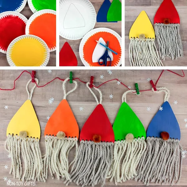 Paper plate DIY gnome ornaments collage