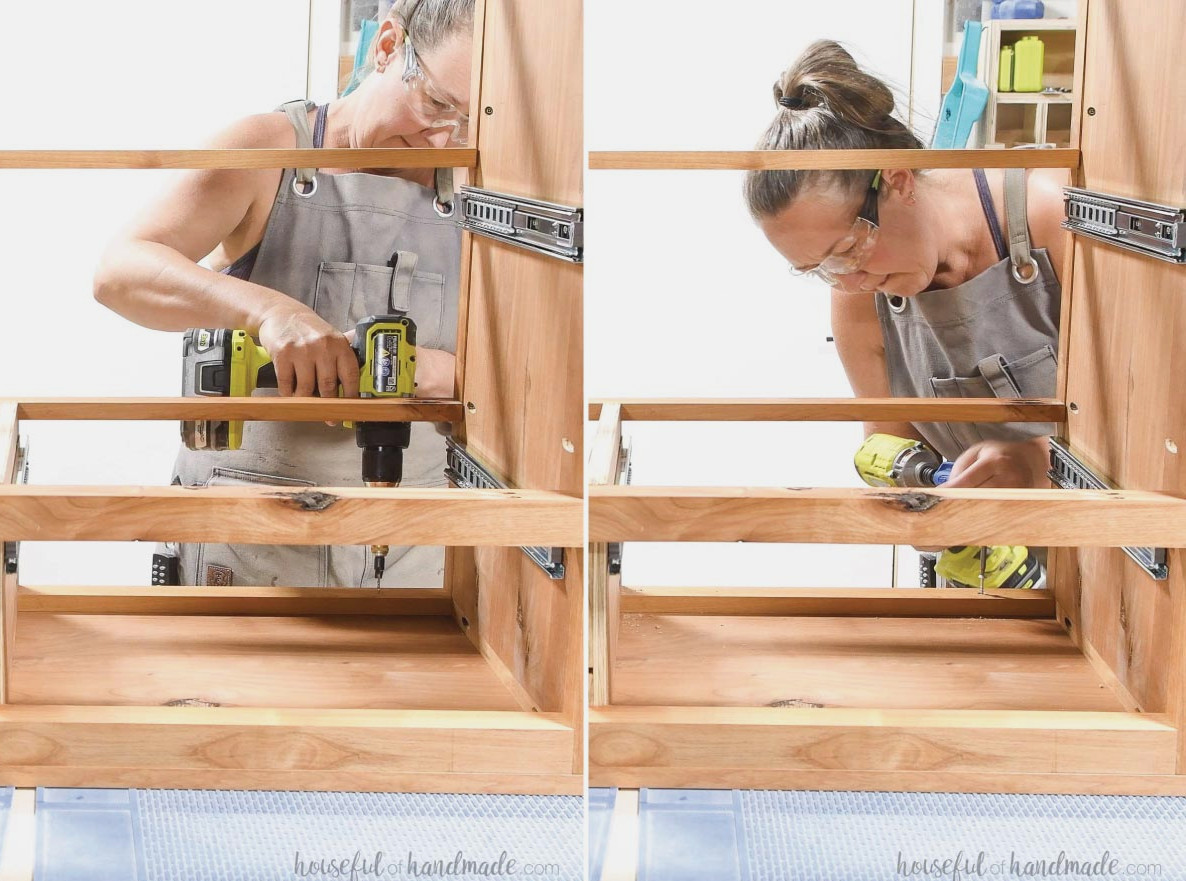 Securing the dresser top with countersunk screws. 