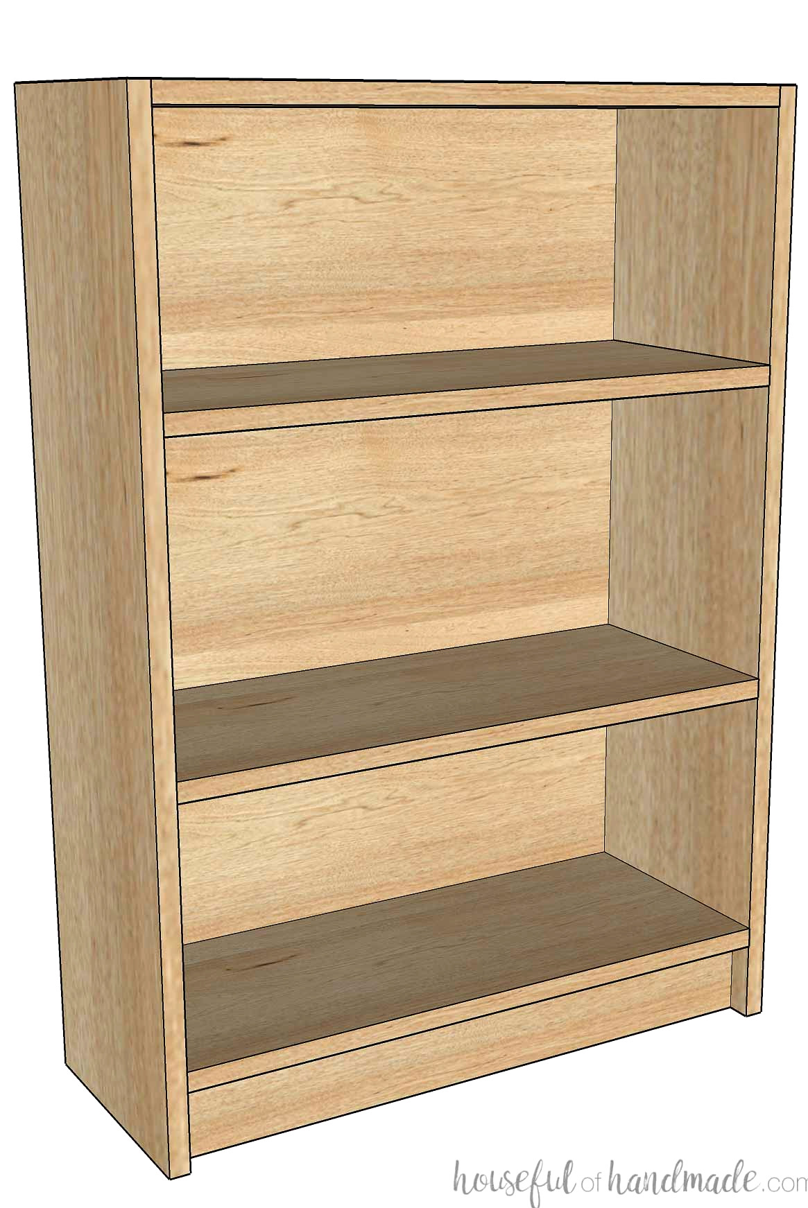 Frameless bookcase with a small toe kick on the bottom.