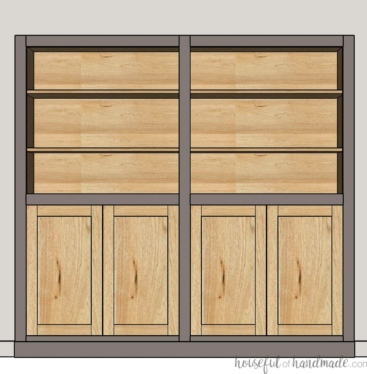 Bookshelves integrated into a wall alcove, combining beige paint with natural wood.