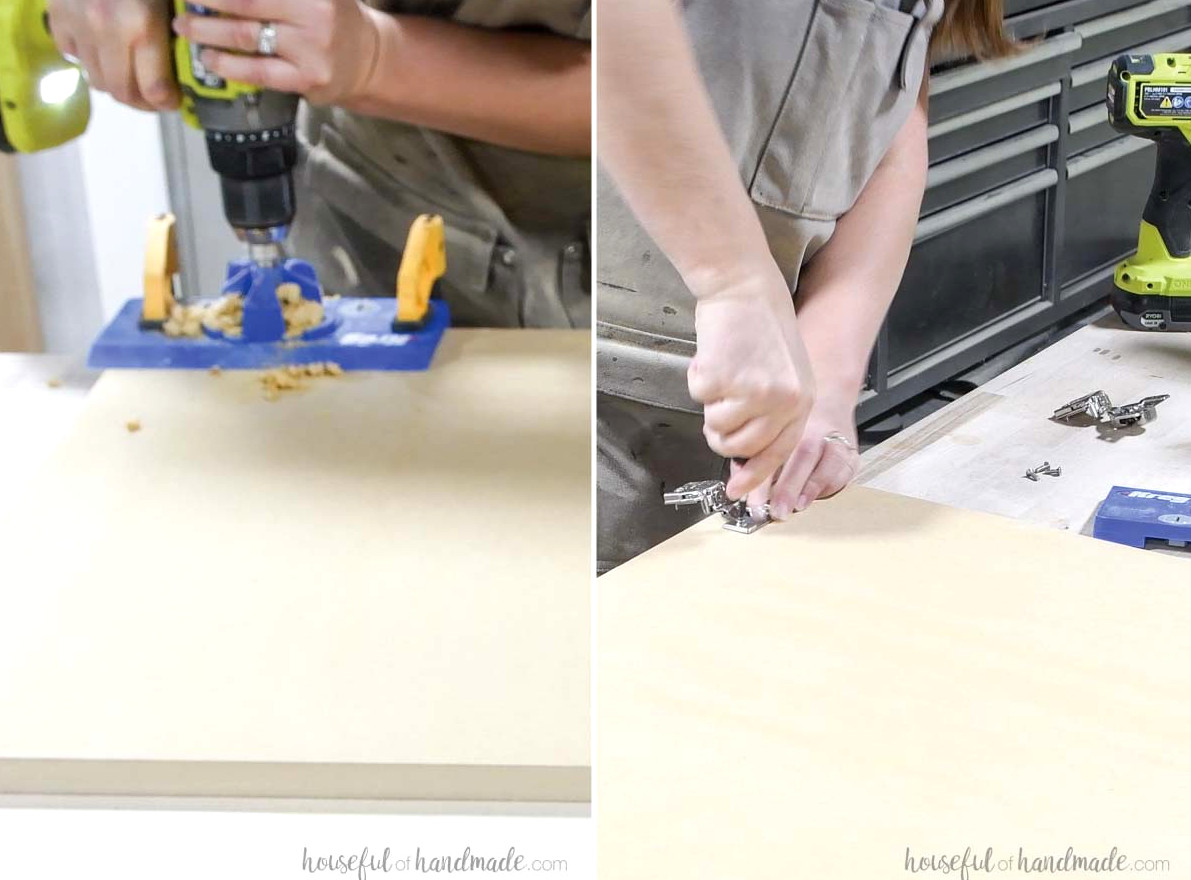 Boring holes for concealed hinges on the rear of the MDF doors.