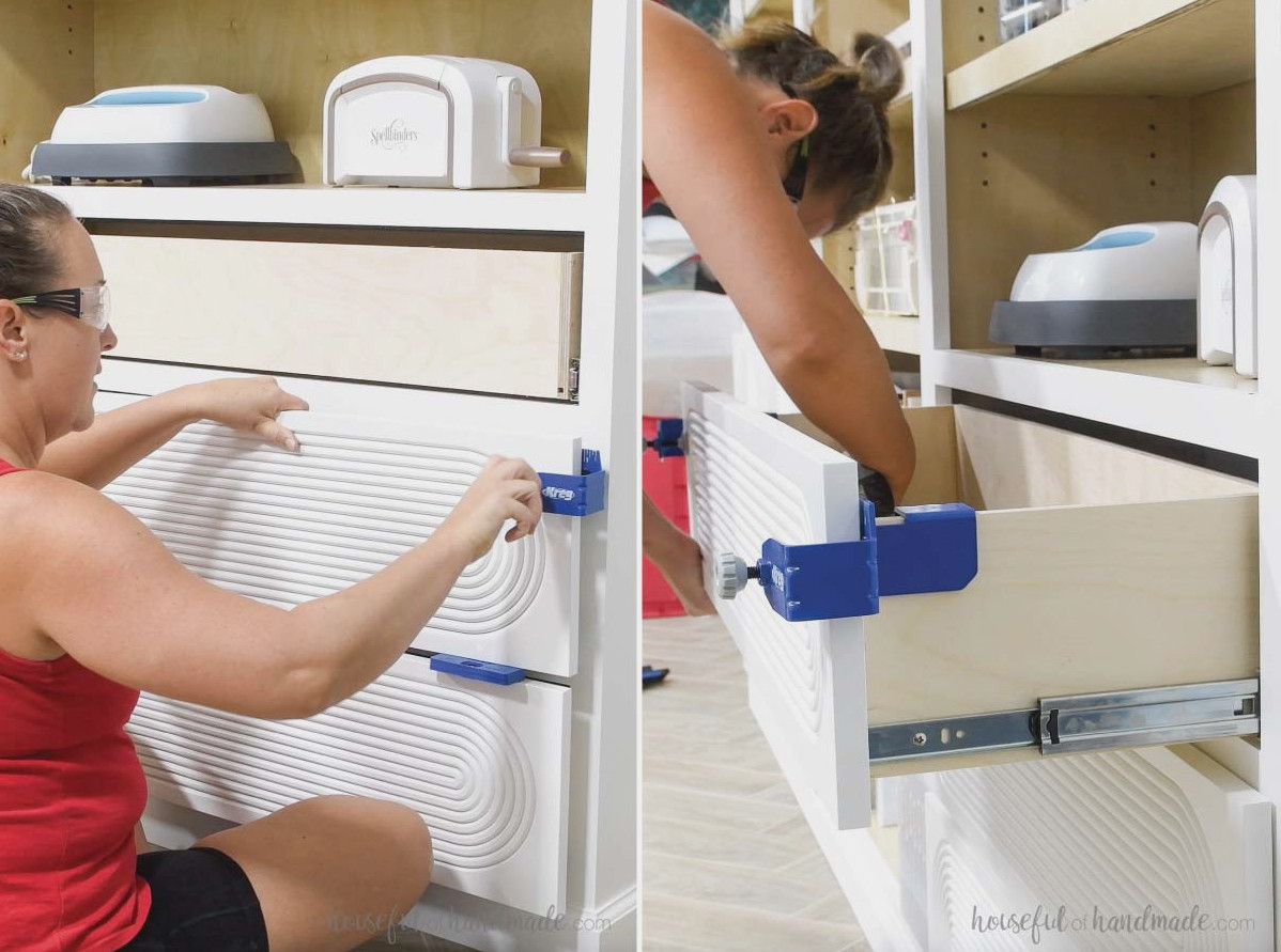 Attaching drawer fronts with the Kreg drawer front mounting jig.