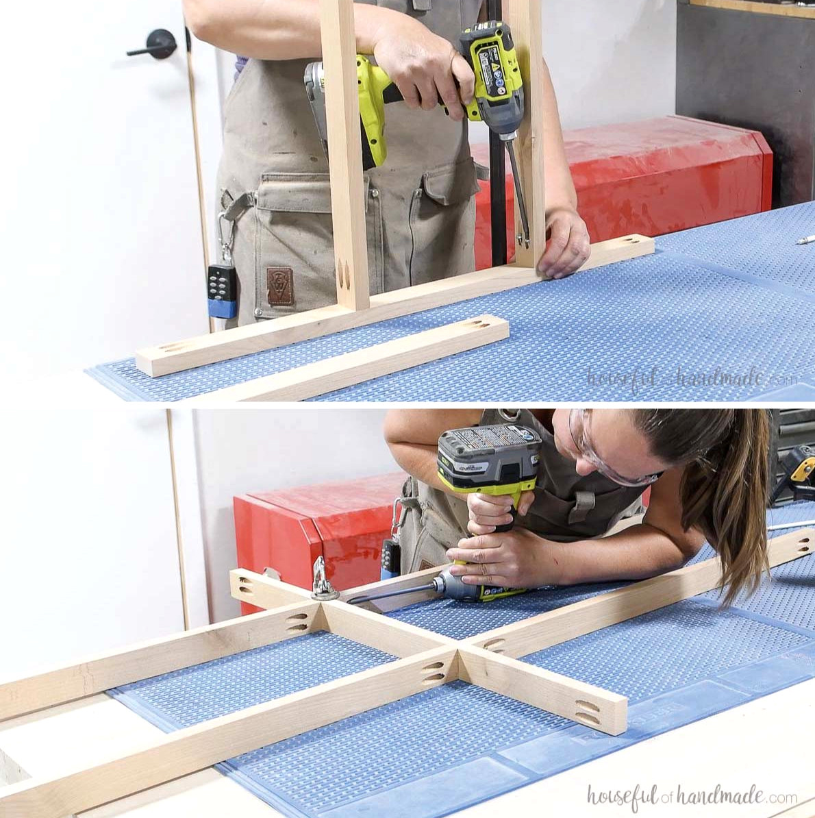 Constructing the center section of the dresser front frame.
