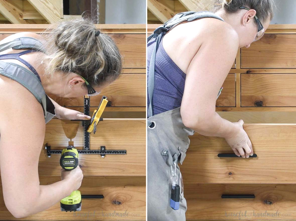 Attaching black drawer pulls on the alder drawer front. 
