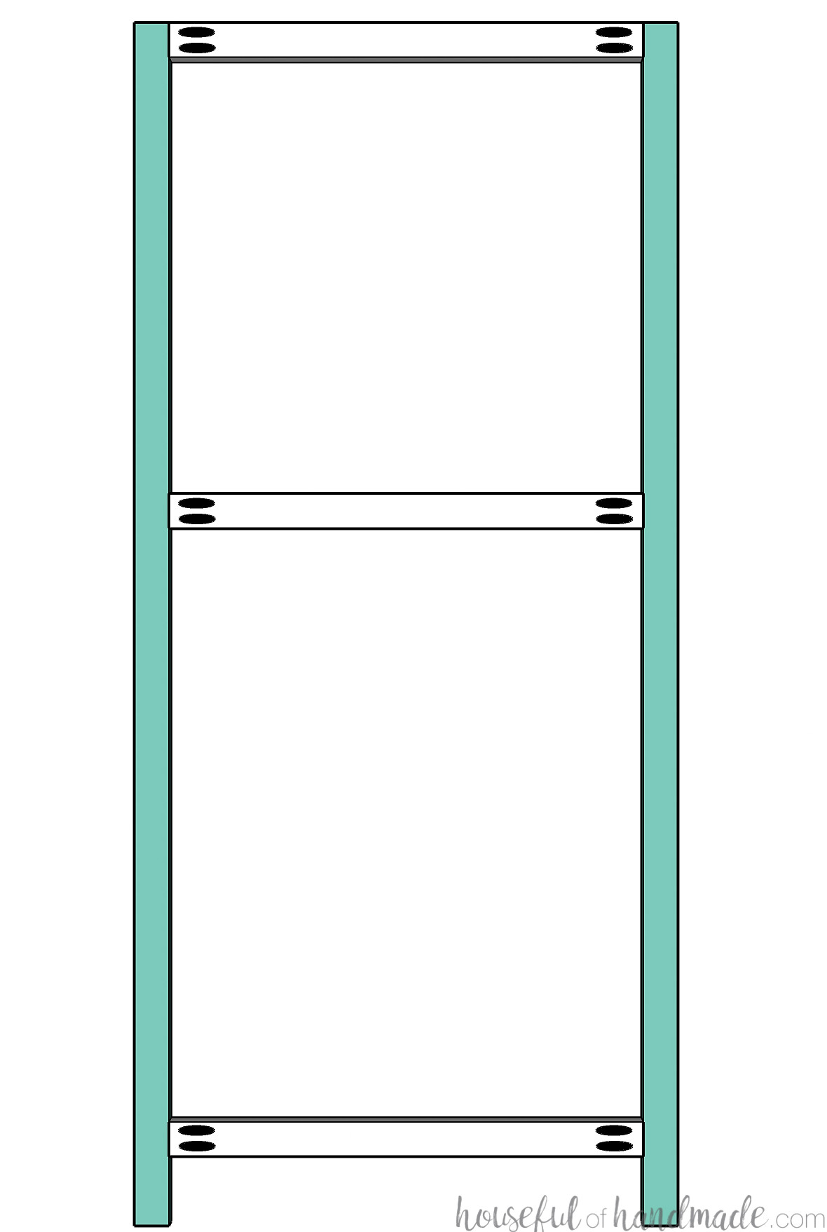 Diagram of a tall bookcase face frame with an added rail supporting the fixed shelf.