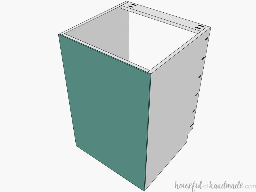 Drawing of the back of the base cabinet with the back panel attached.