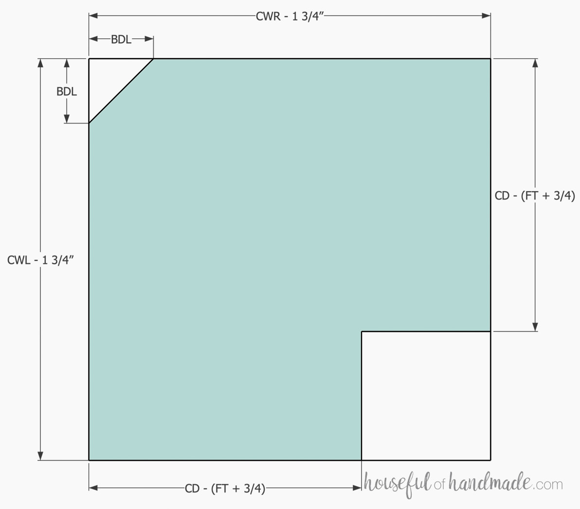 Corner cabinet bottom with dimensions indicated.