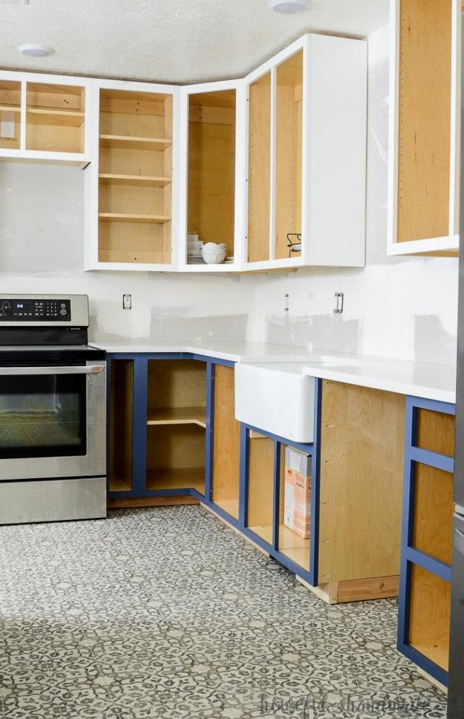 Kitchen renovation featuring installed DIY kitchen cabinets.