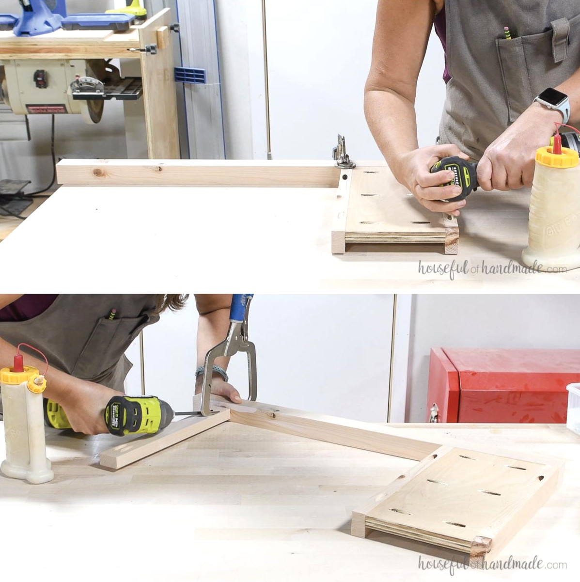 Attaching the side panel and bottom rail to one leg. 