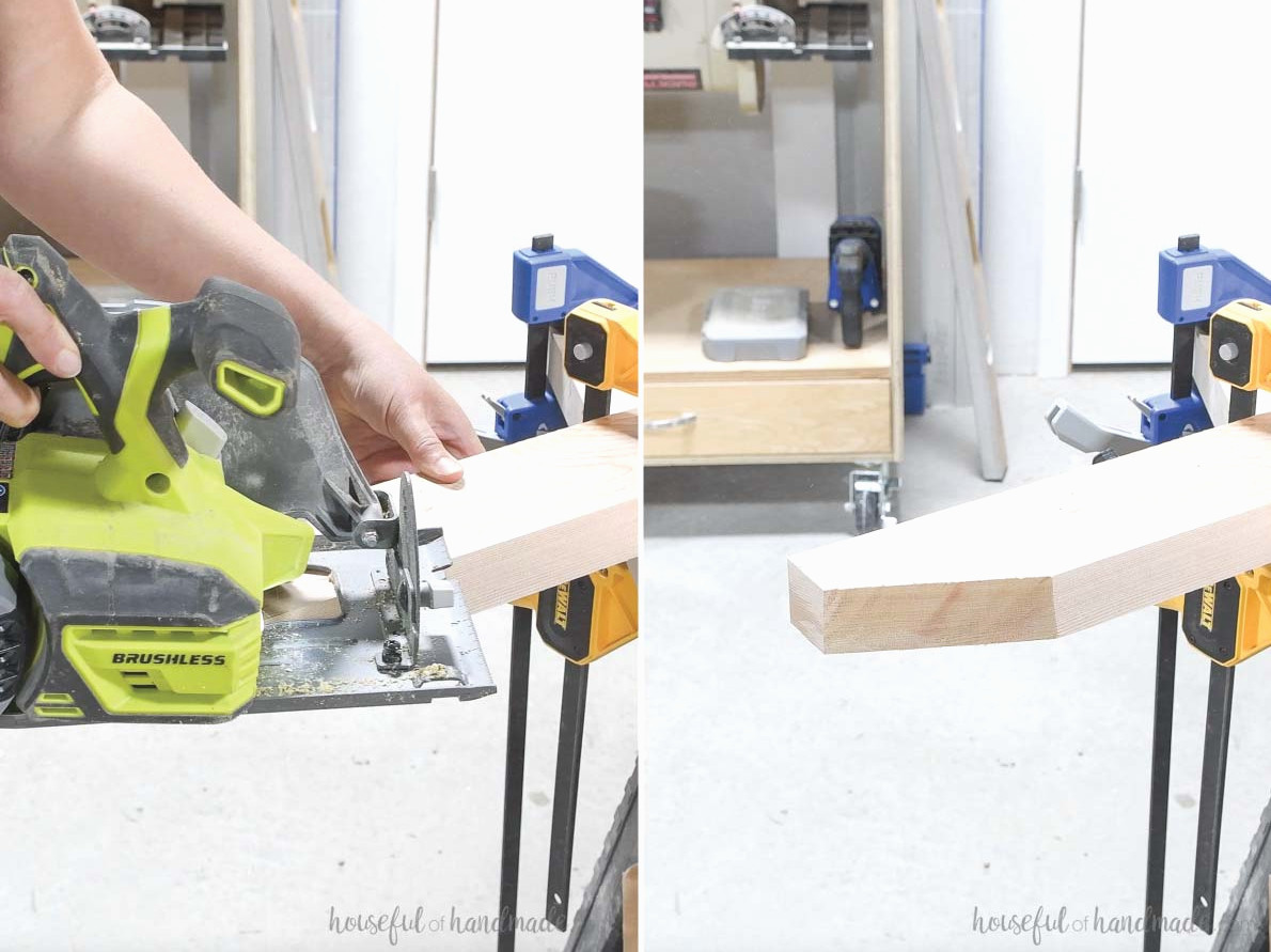 Trimming the initial angle on the chair's back leg.