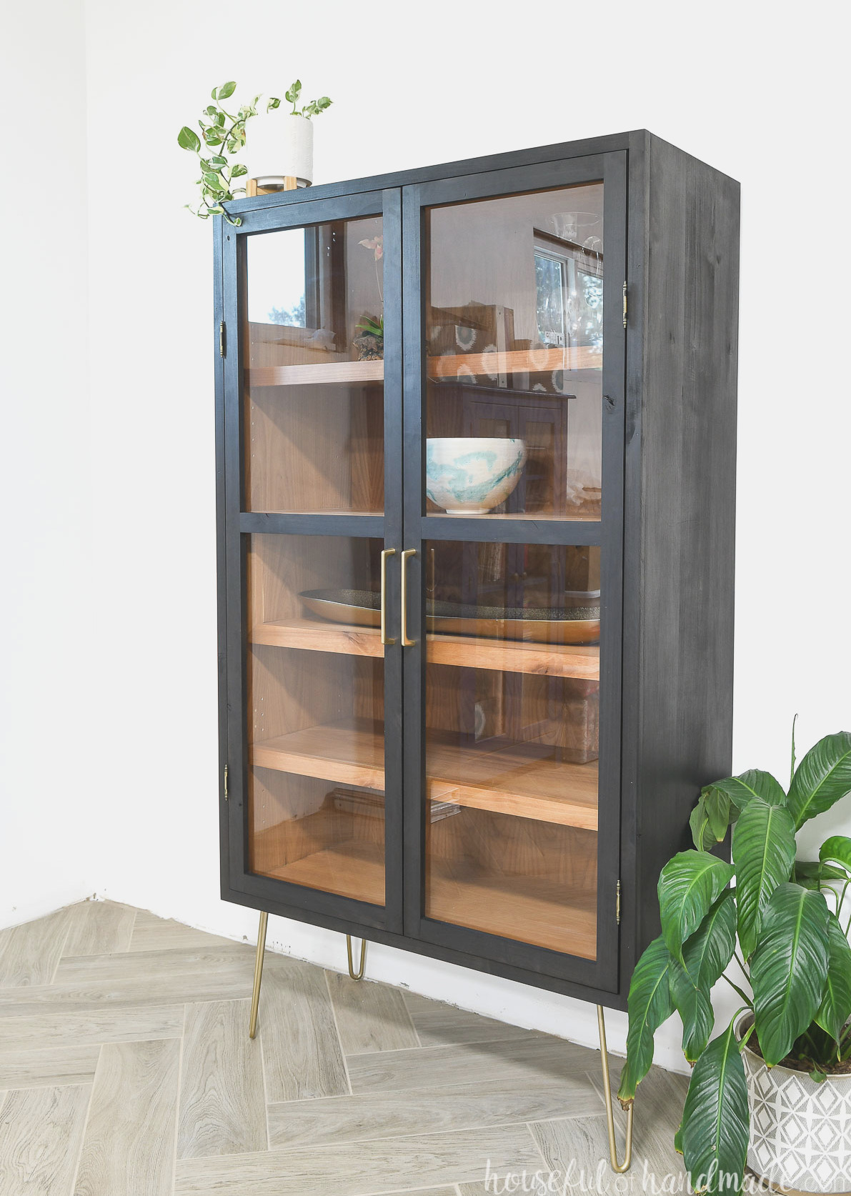 Black display cabinet featuring a natural wood interior, gold hairpin legs, and glass doors beside a plant.