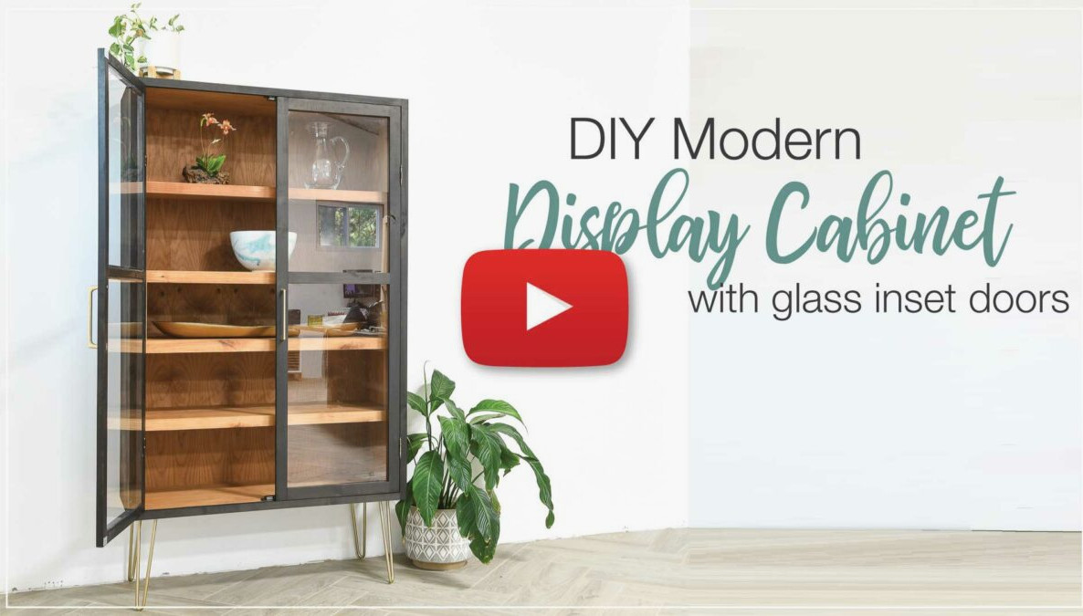 YouTube thumbnail for the DIY modern display cabinet tutorial.
