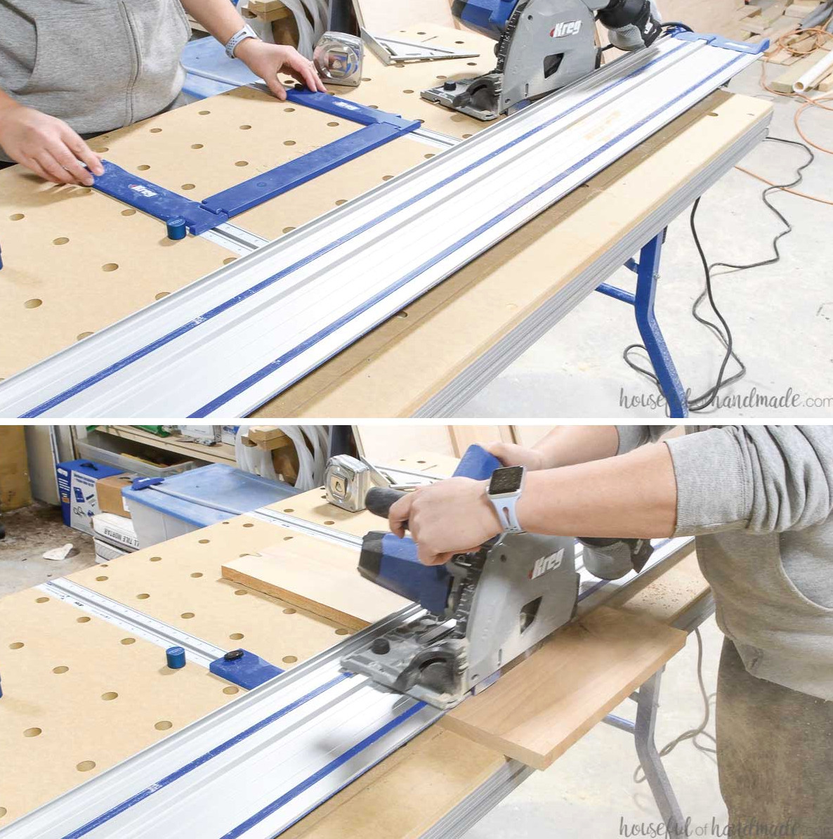 Moving the measuring gauge and bridge into position to rip 1 1/2" wide boards on the ACS.