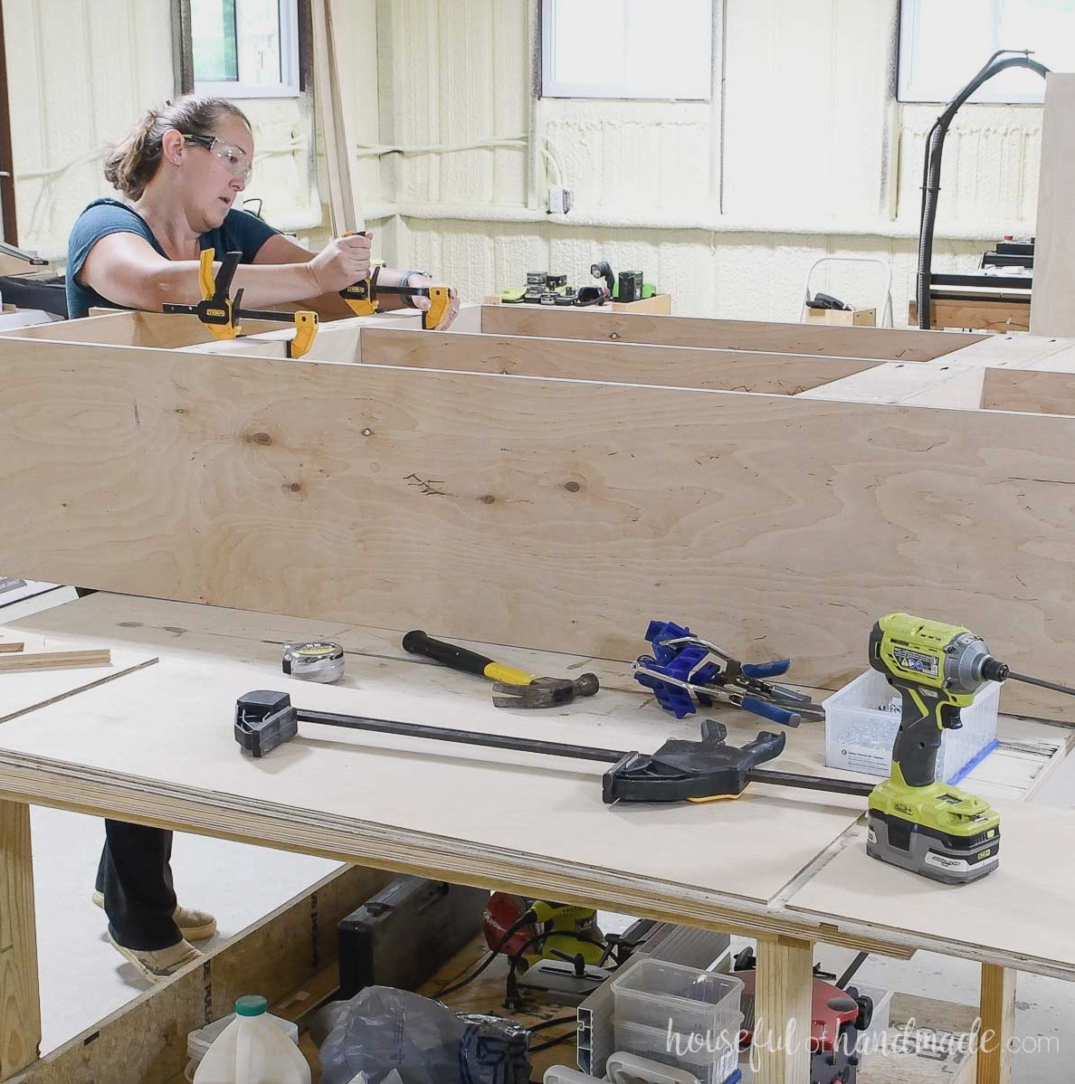 Joining the second locker compartment to the first with pocket hole screws.