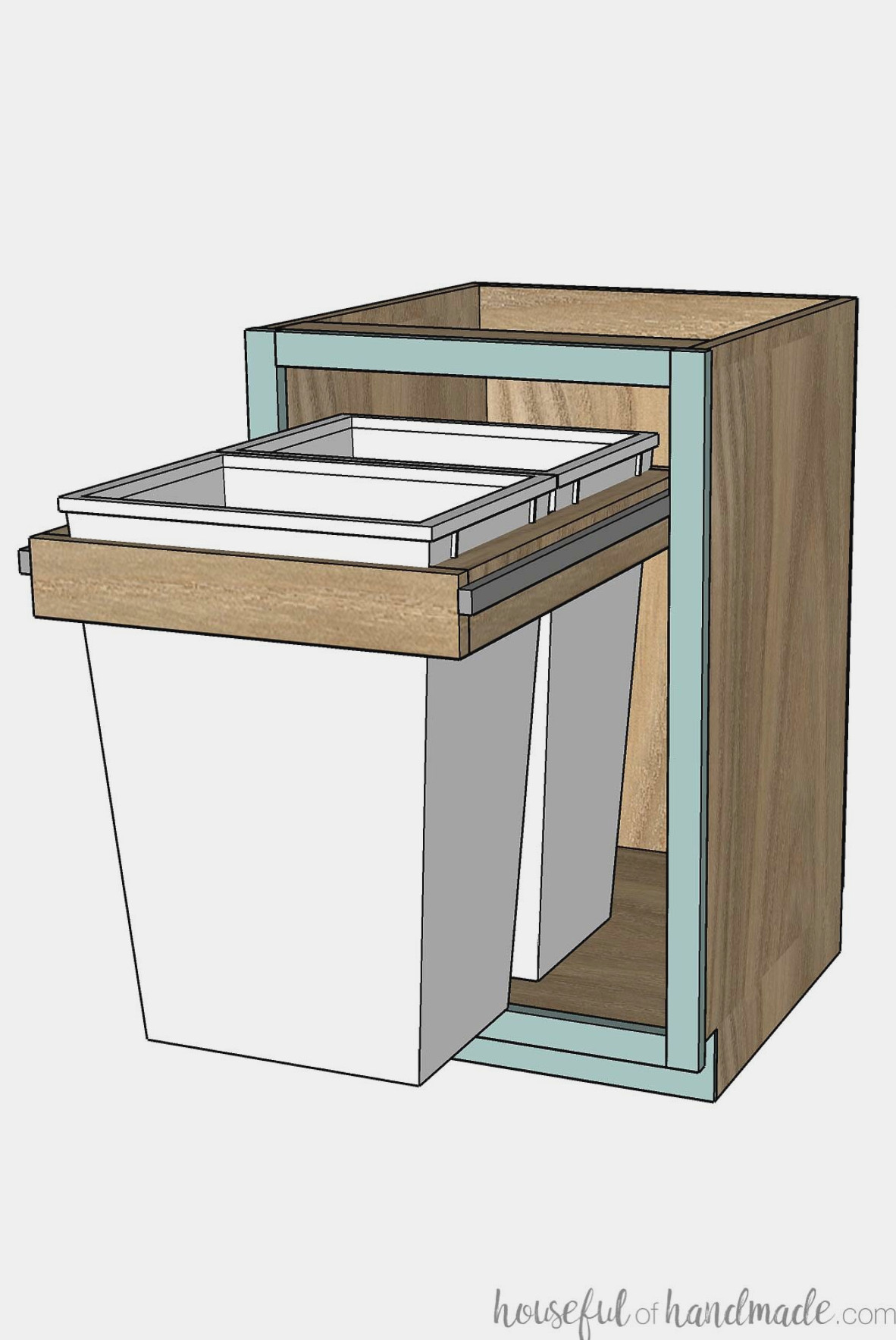 SketchUp drawing of a garbage can cabinet with two cans slide out on drawer slides.