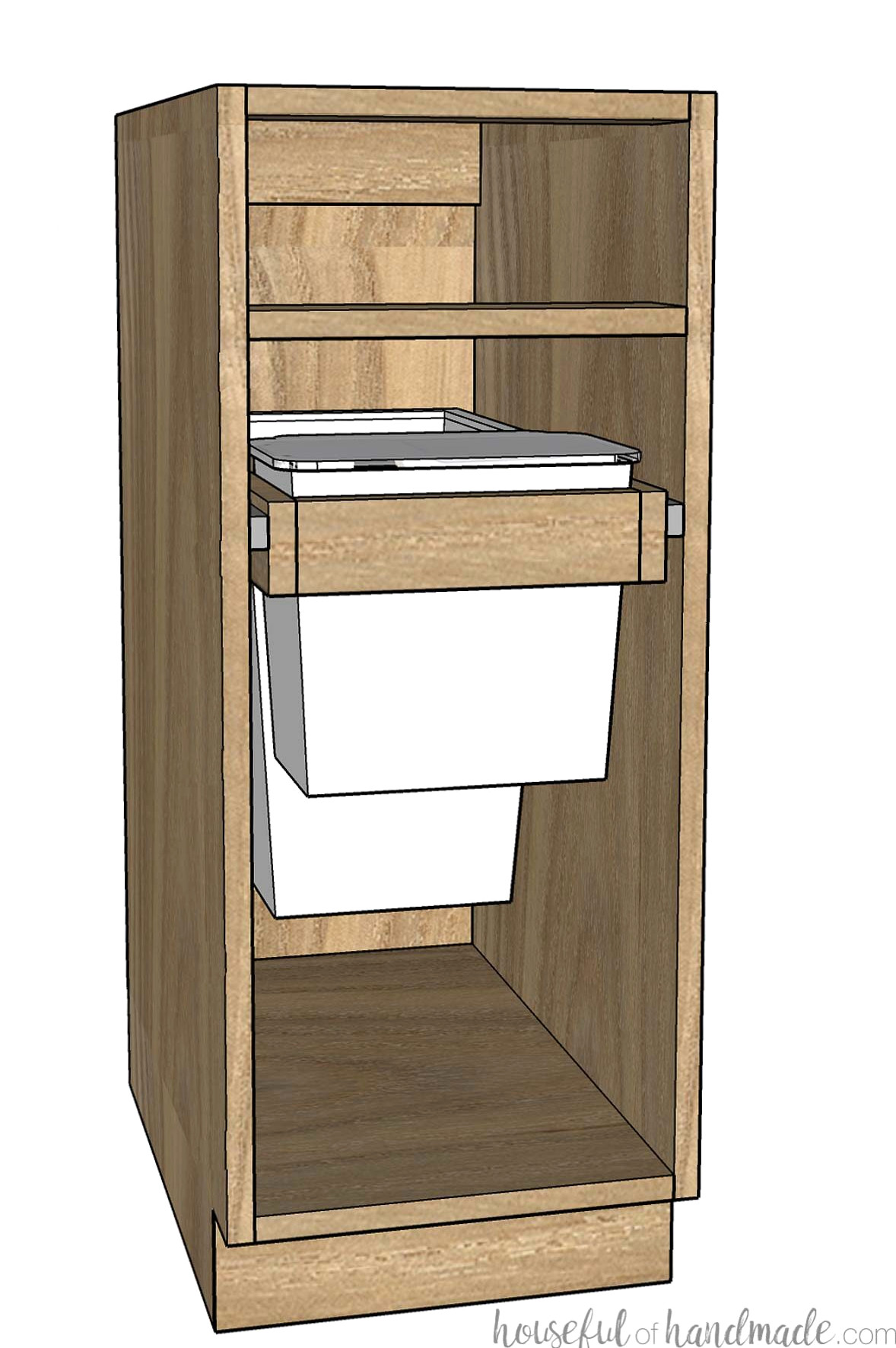 Illustration of a frameless trash can cabinet holding small and large trash cans.