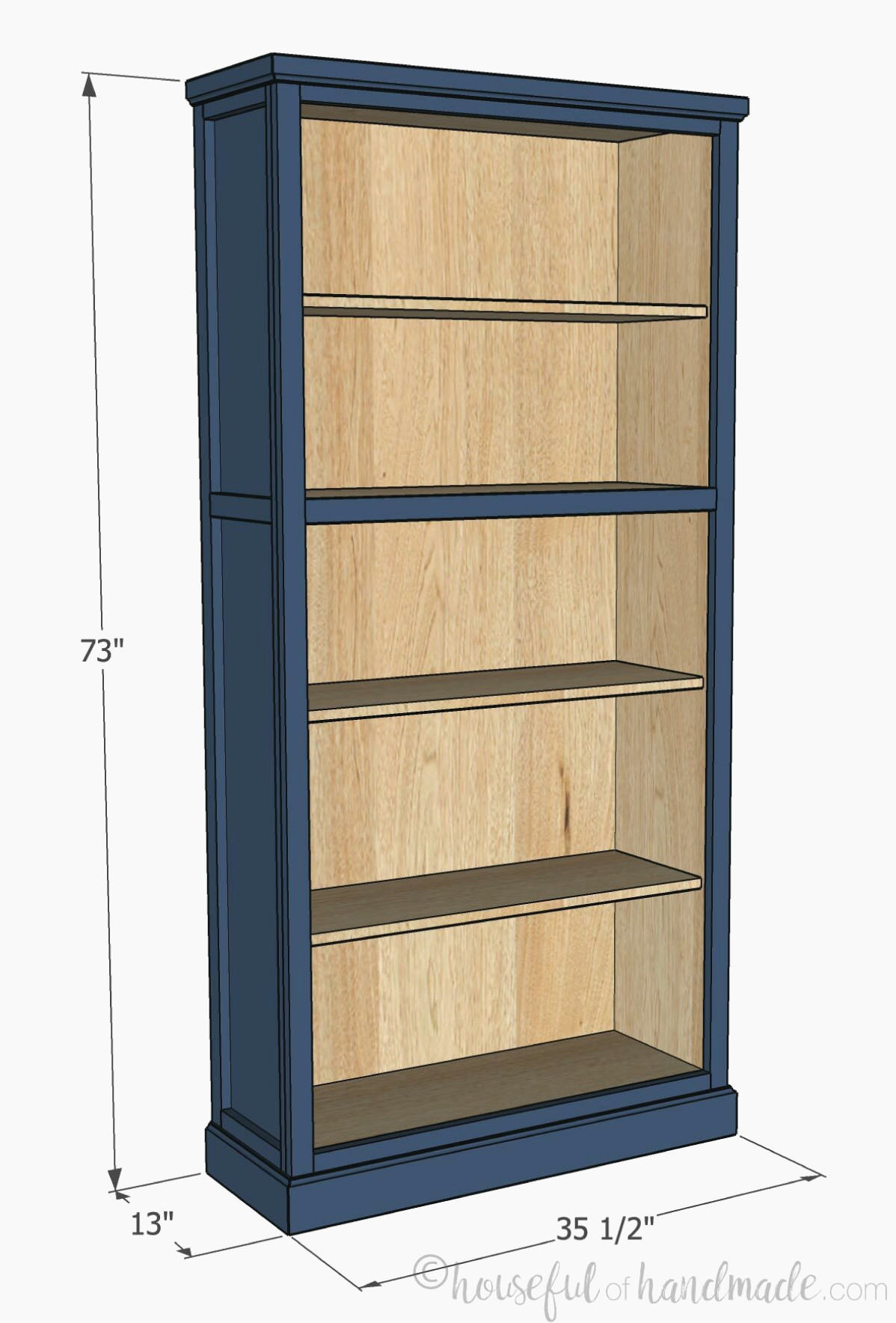 3D sketch of the bookcase with dimensions noted. 