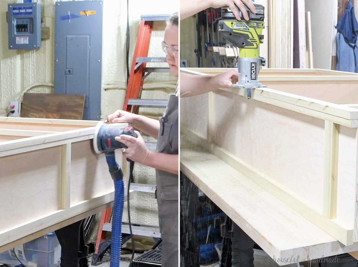 Leveling the face frame sides with a sander and flush-cut router bit. 