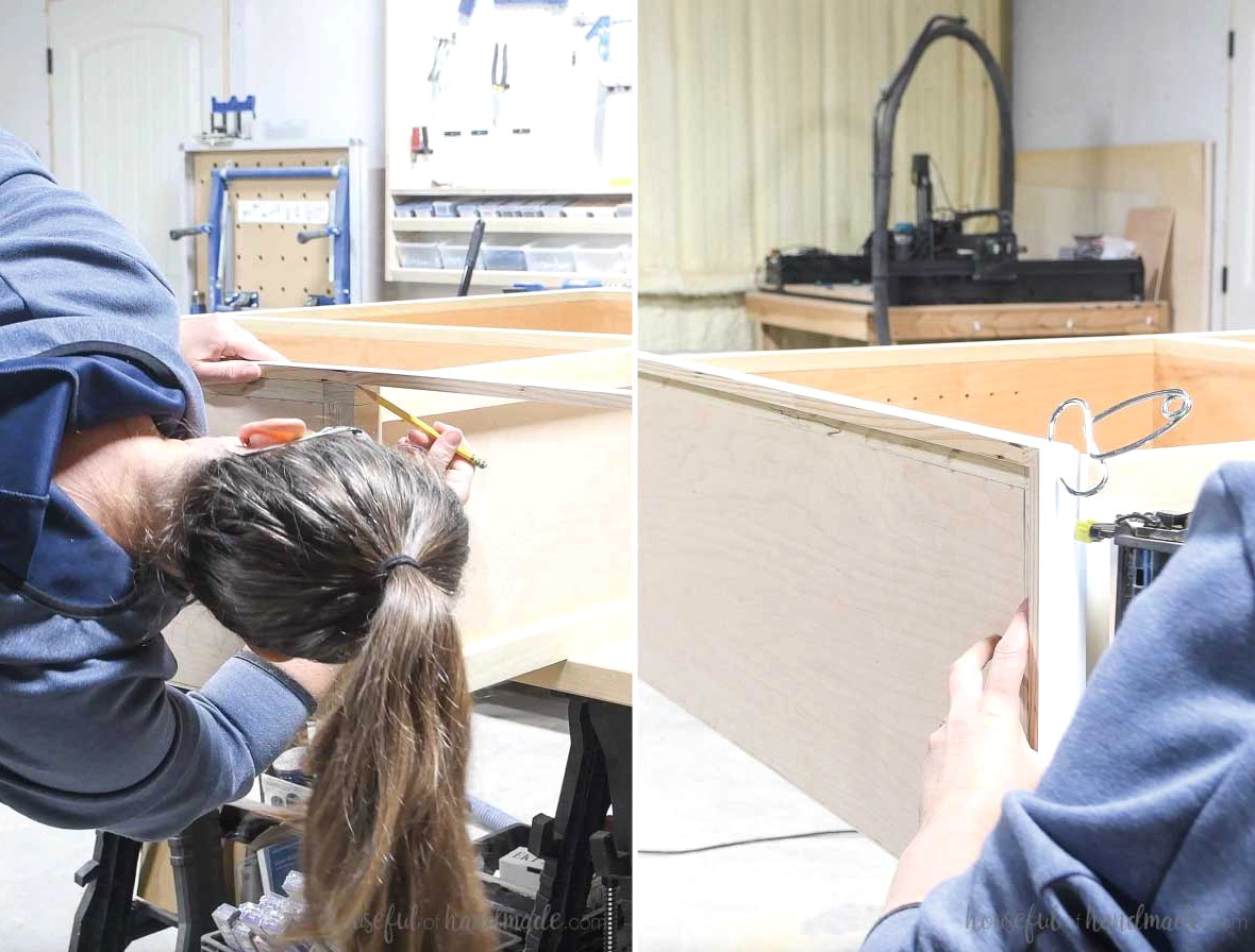 Installing moulding on the bookcase top. 