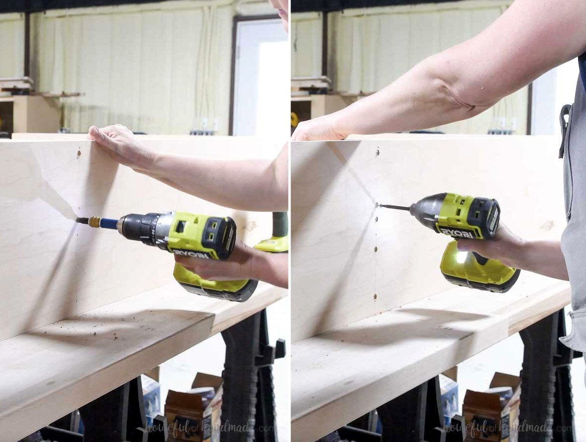 Attaching the shelves to the sides of the bookcase with countersunk screws. 