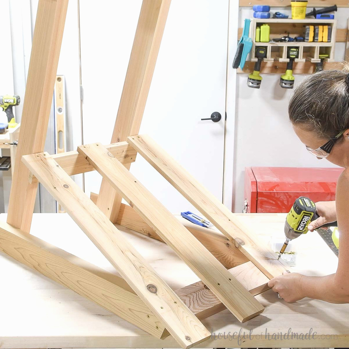 Fastening the slats to the chair back.
