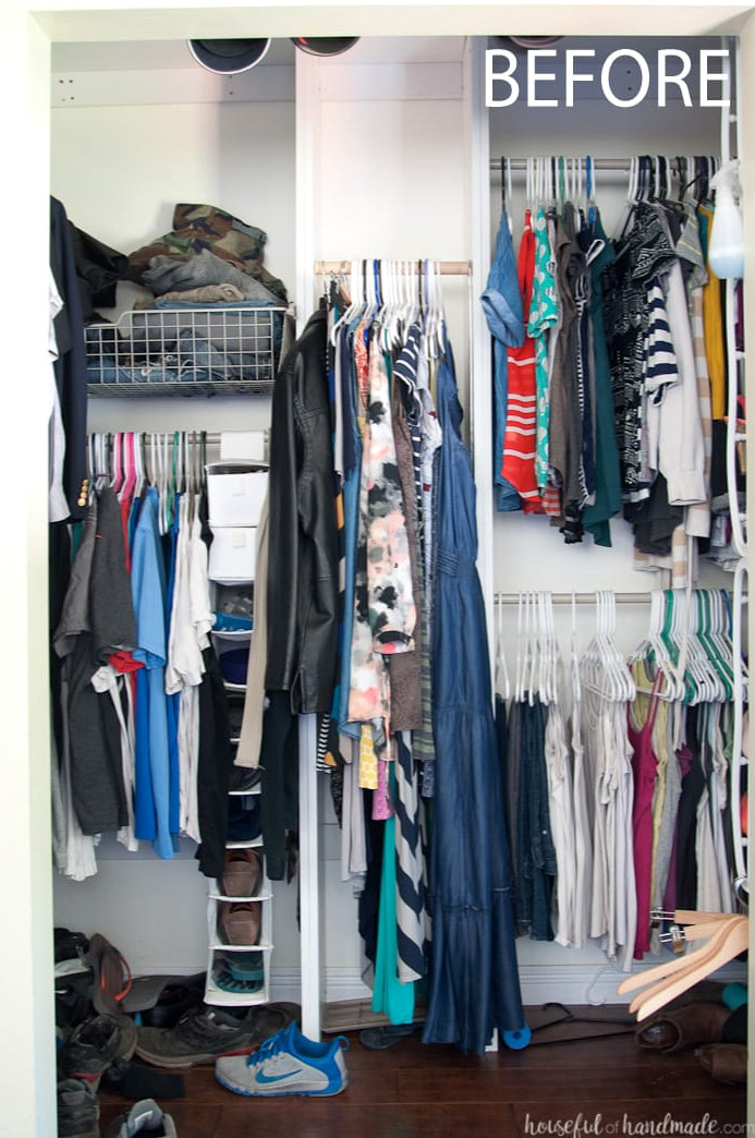 Before image showing the cramped and cluttered closet.