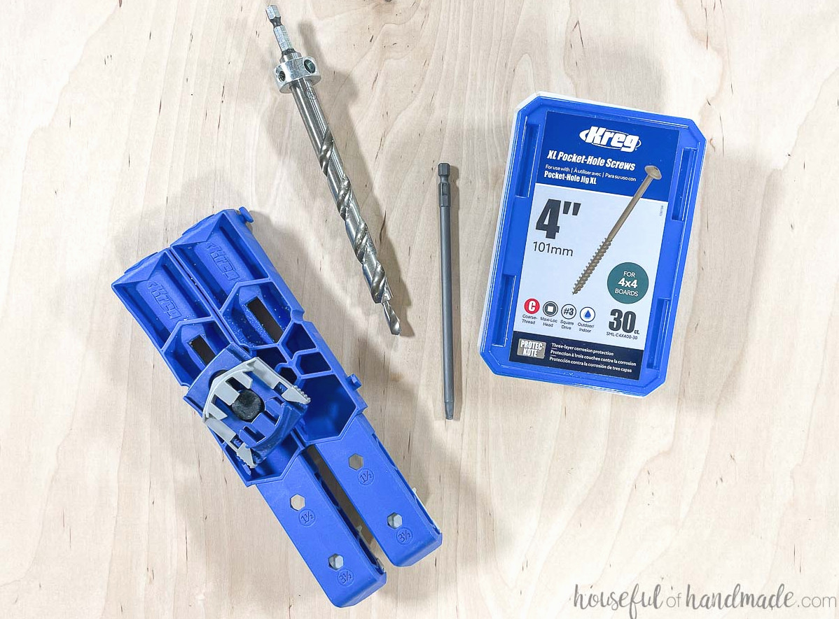 Kreg Pocket Hole Jig XL shown with a drill bit, driver, and package of 4" screws. 