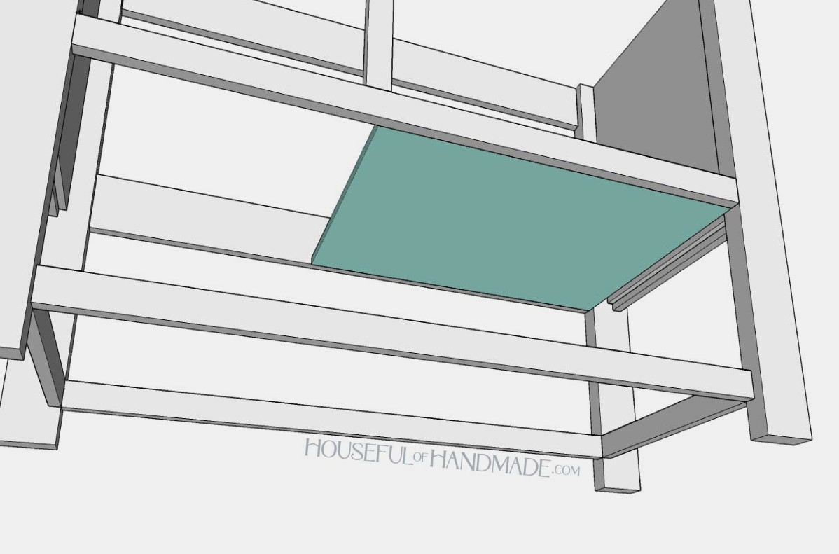 Installing the bottom in the vanity cabinet section. 