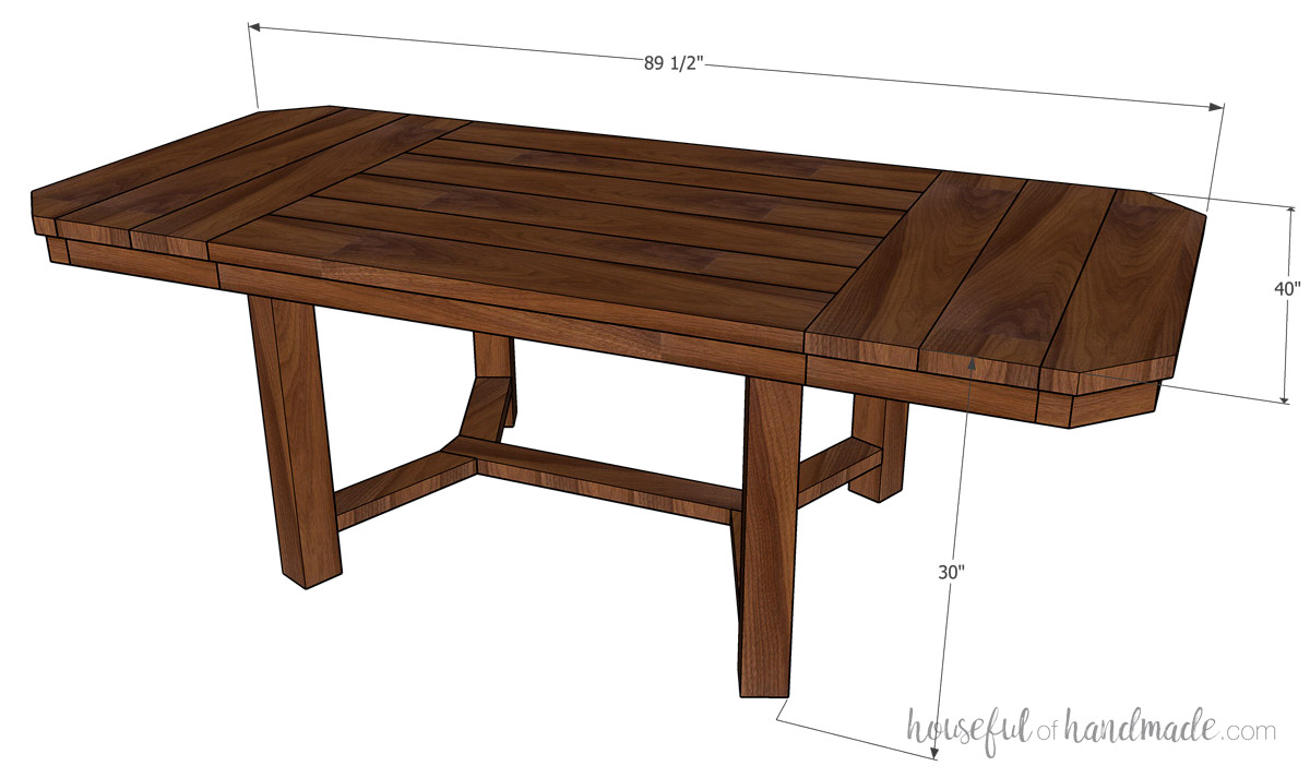 3D drawing of the dining table with leaves fitted and measurements labeled.