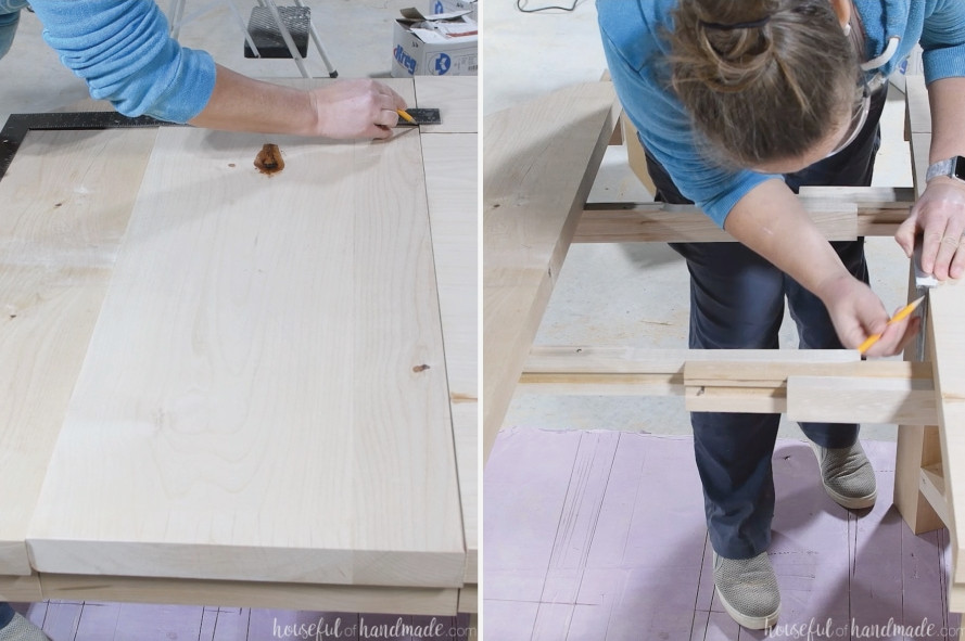 Marking the location of the pins on the top of the table top, leaves, and ends and on the sides.