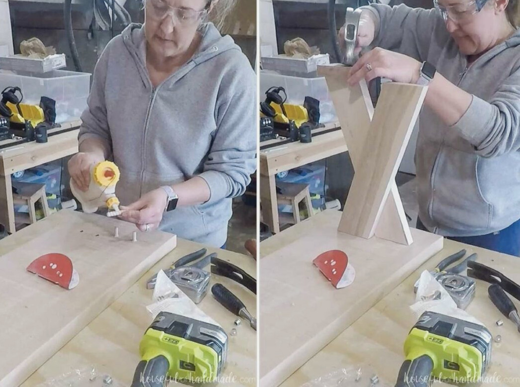 Two pictures showing glueing in the dowel pins and tapping the x-leg into place on the pins.