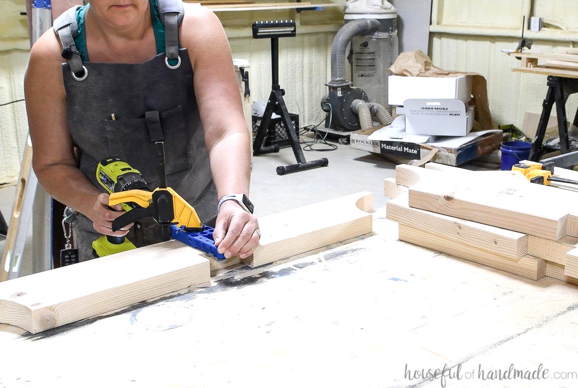 Making pocket holes in the middle of the rafters above the notch.