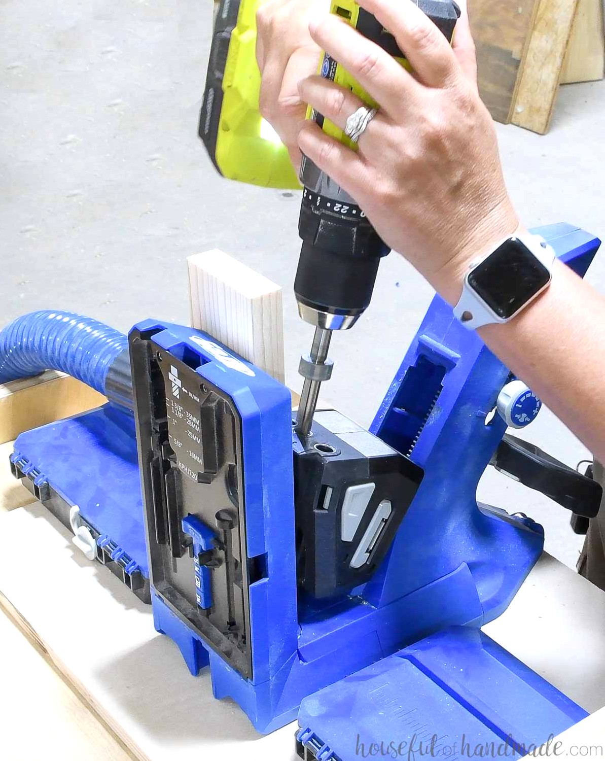 Drilling pocket holes in 1x3 boards with the Kreg 720Pro pocket hole jig.