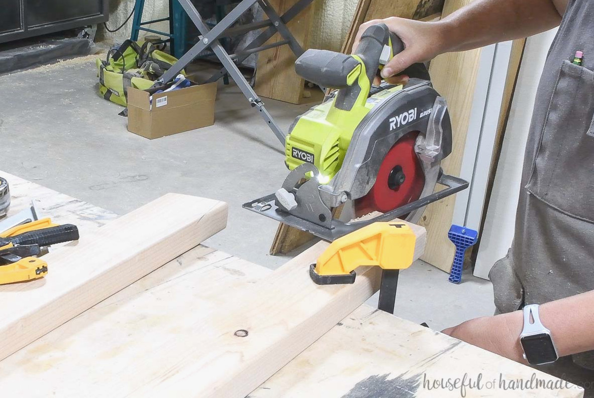 Using a circular saw to cut the upper angle.