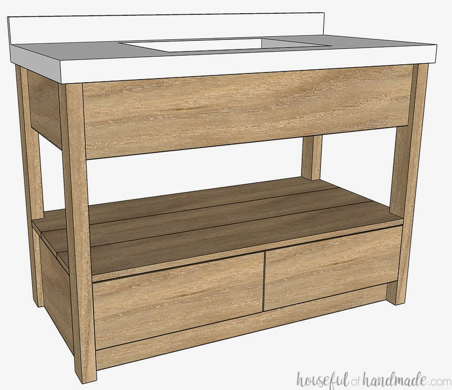 Sketchup illustration of the rustic contemporary bathroom vanity with lower drawers and open shelving.