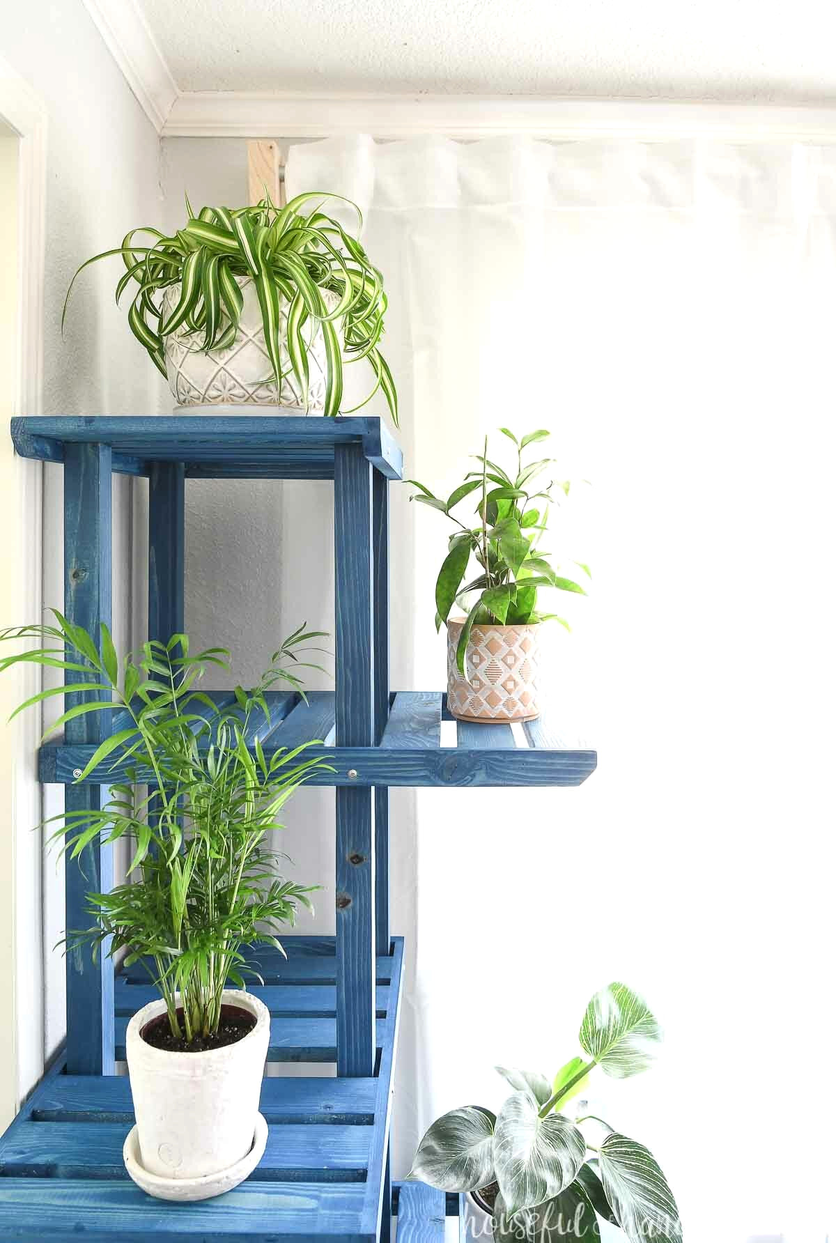 A close-up view of the smaller upper shelves on the multi-level plant stand. 
