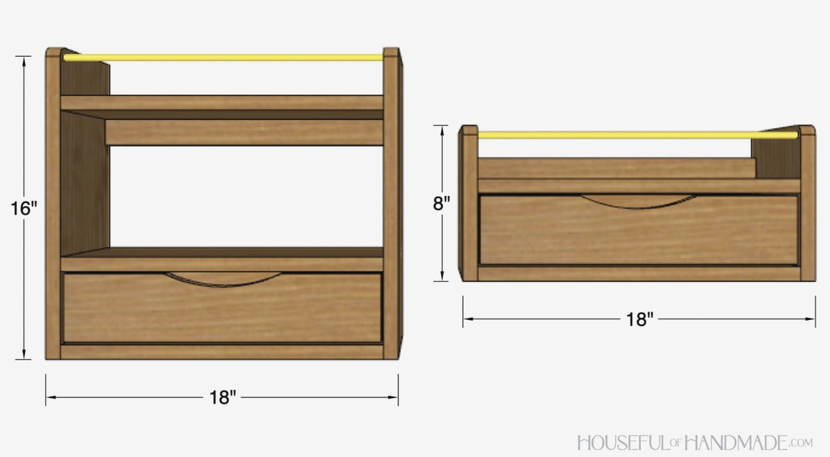 3D Sketch of shelves with dimensions noted. 
