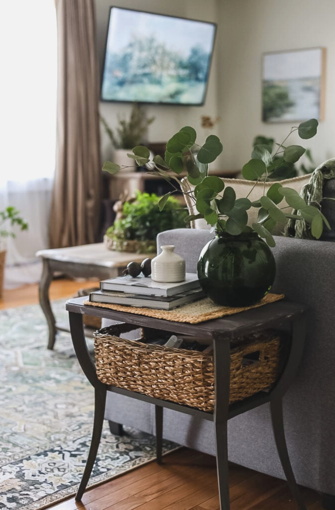 end table with basket and vase