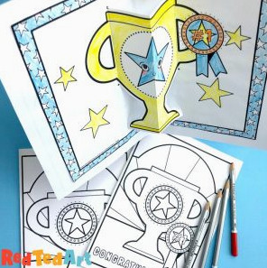 Simple colouring page trophy cards that pop up for Father's Day or Sports day