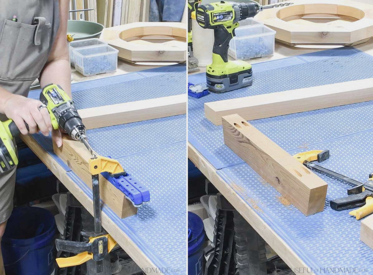 Drilling pocket holes in the underside of the 2x3 board.