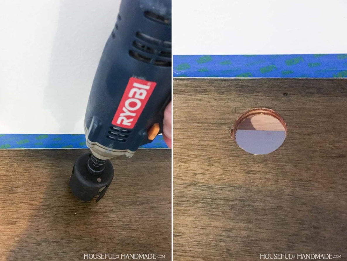 Stained wood desk top in closet with hole being cut out with Ryobi tool to place cords through.