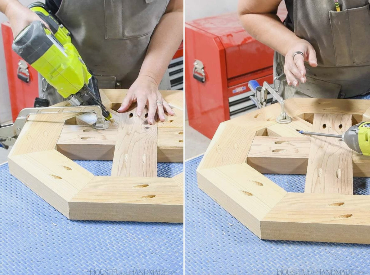Attaching the house shaped pieces in the center of the table top with nails and pocket holes.