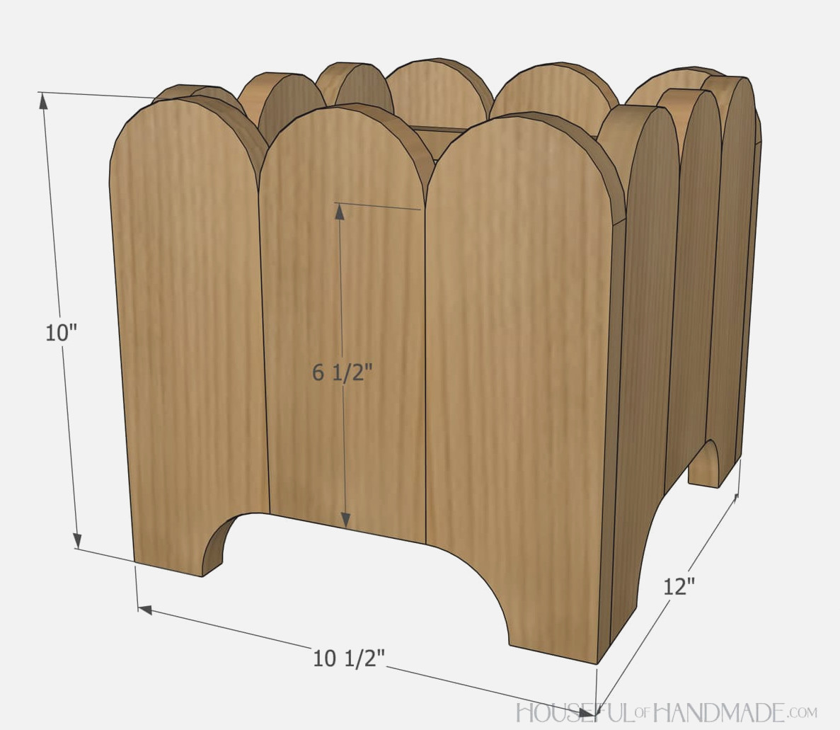 3D sketch of the DIY planter box with dimensions noted.
