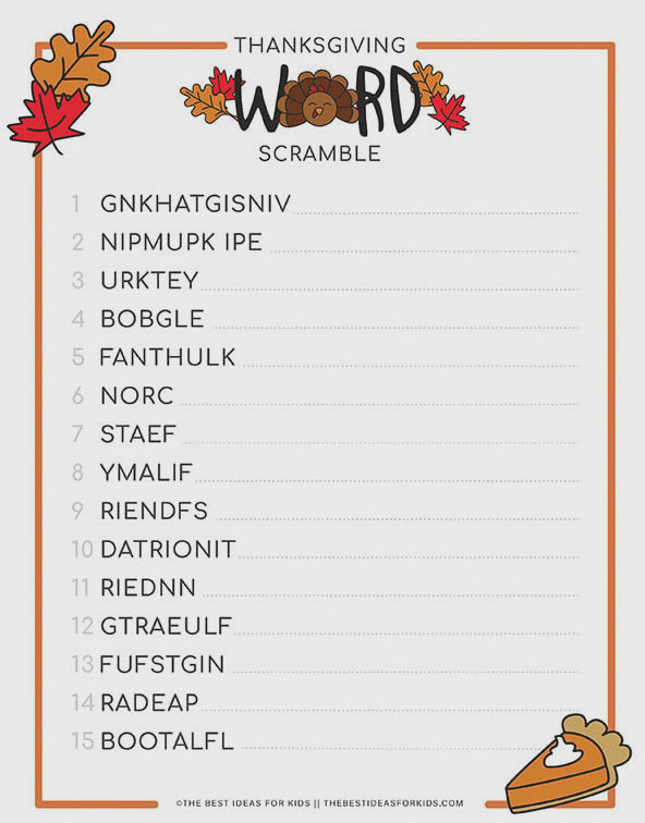 Thanksgiving Word Scramble Printable Free