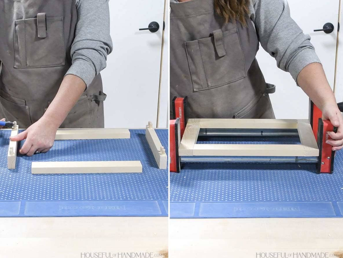 Joining the door frame with dowels.