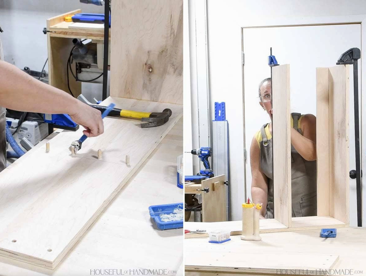 Securing shelf boards with glue and dowels.