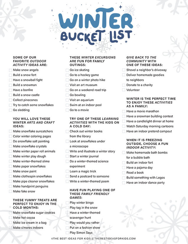Winter Bucket List Checklist Printable