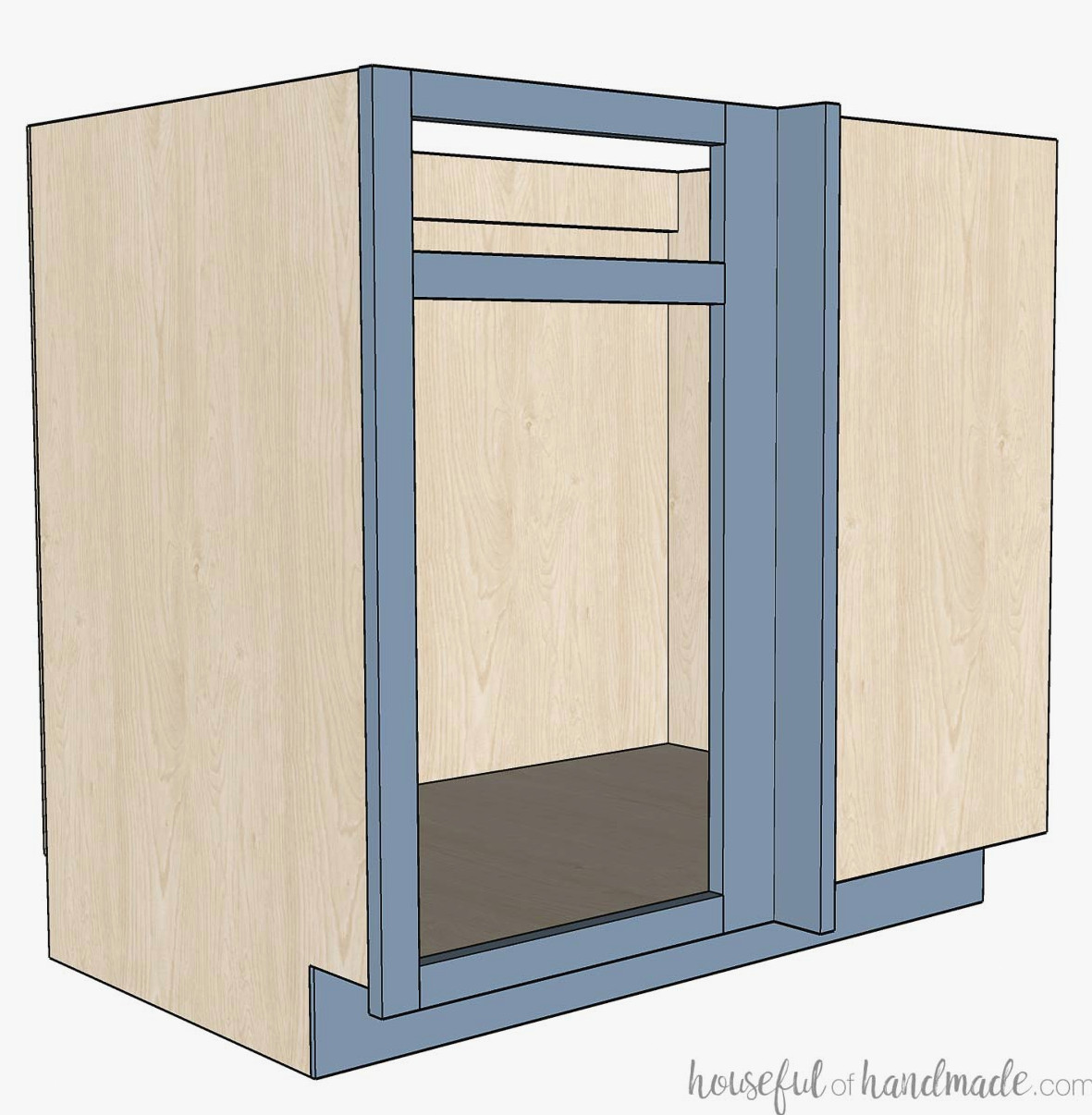 3D Drawing of a blind corner base cabinet box. 