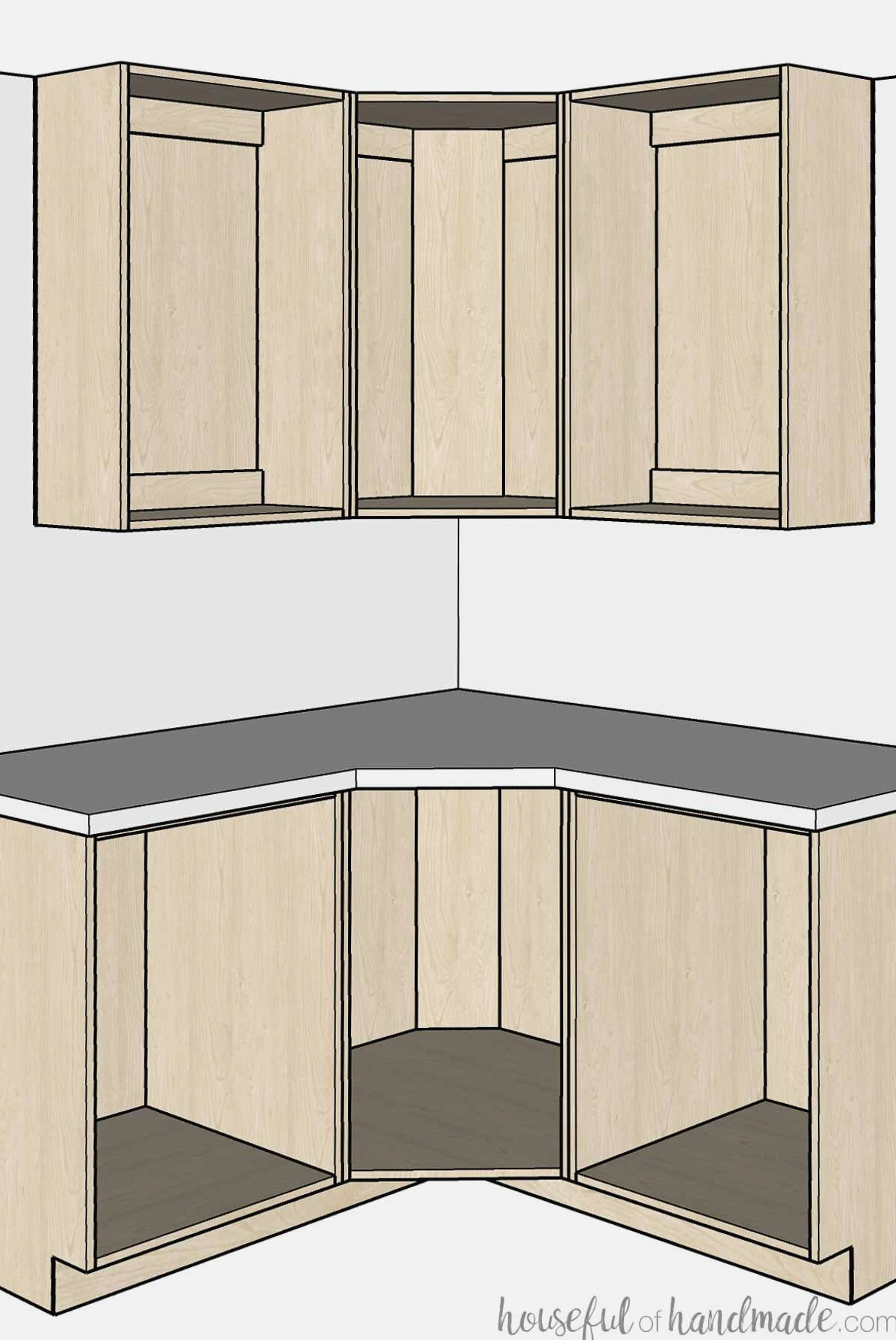 3D sketch of a corner with diagonal wall cabinets and base cabinets. 