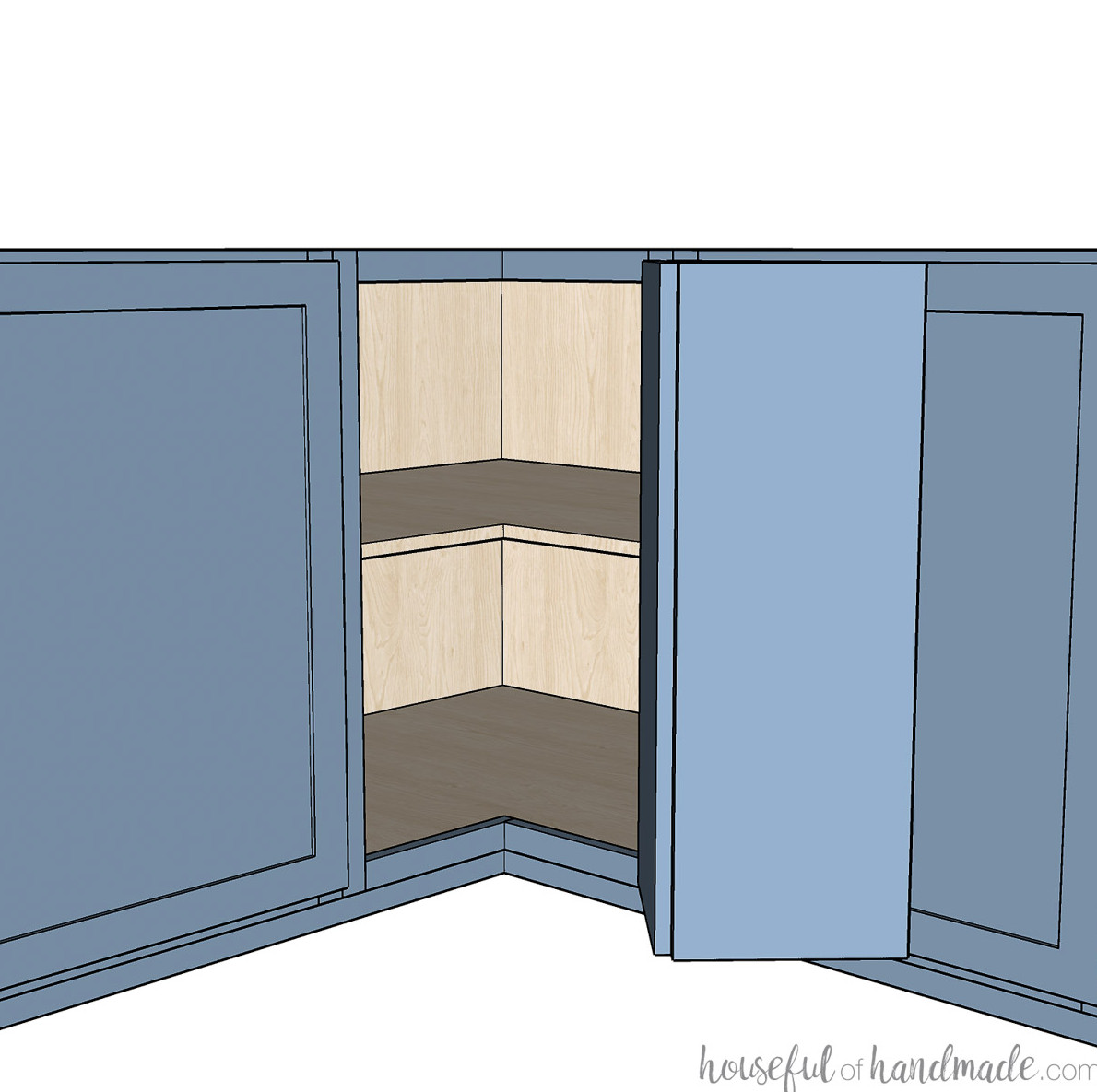 3D sketch of a corner cabinet with a bi-fold door open showing the inside. 